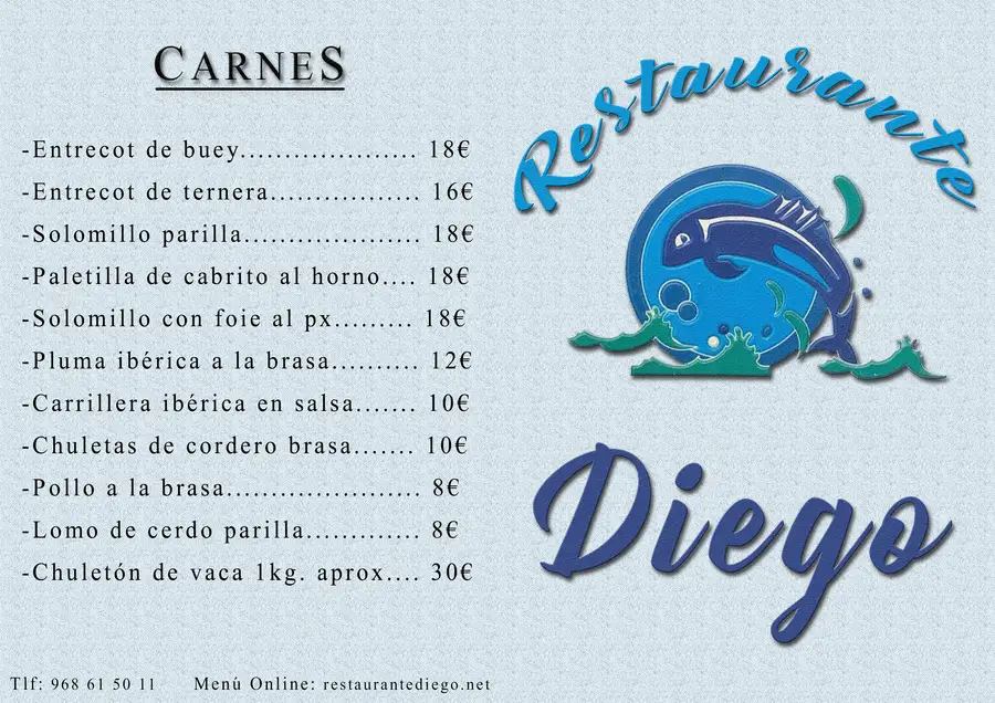 Restaurante Diego, carta del restaurante, lista para imprimir.
