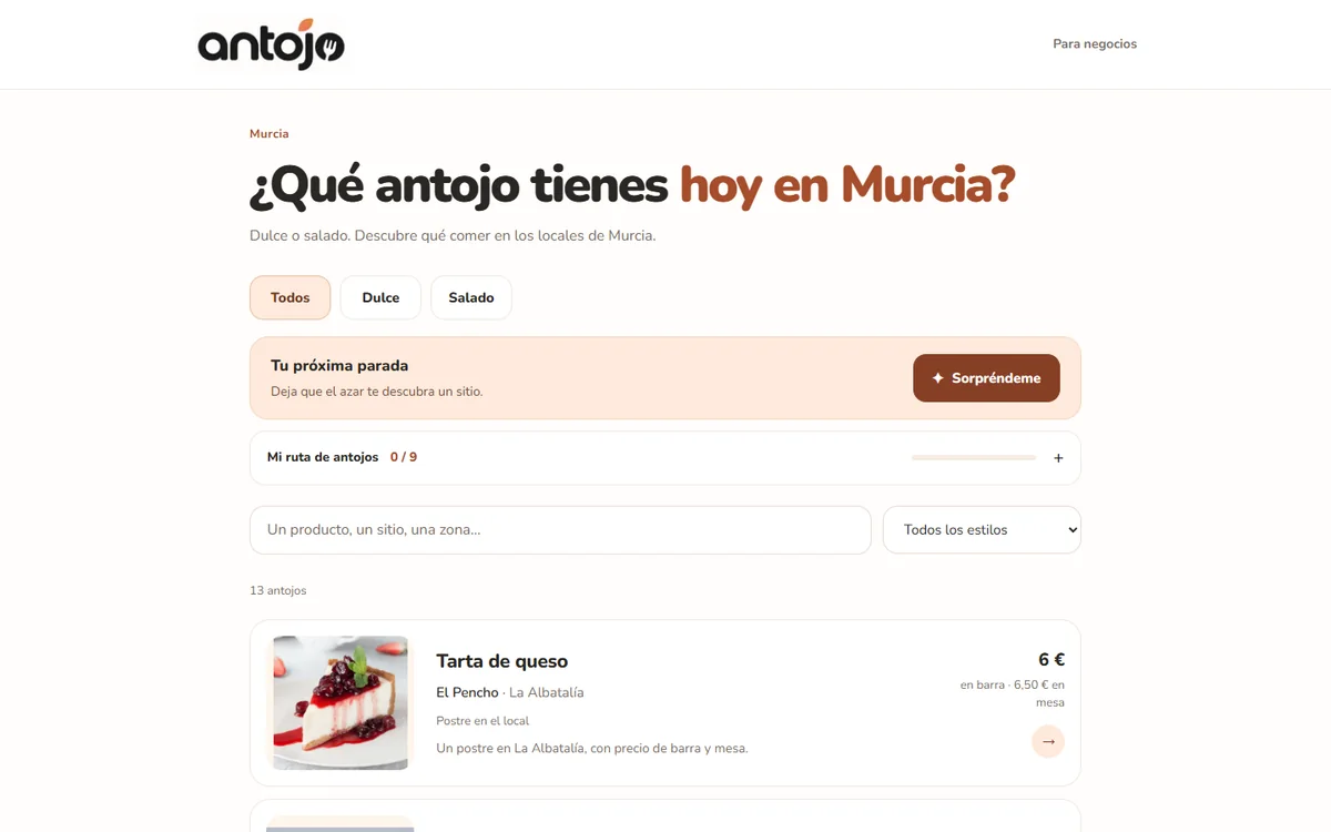 Vista de la web de Antojo